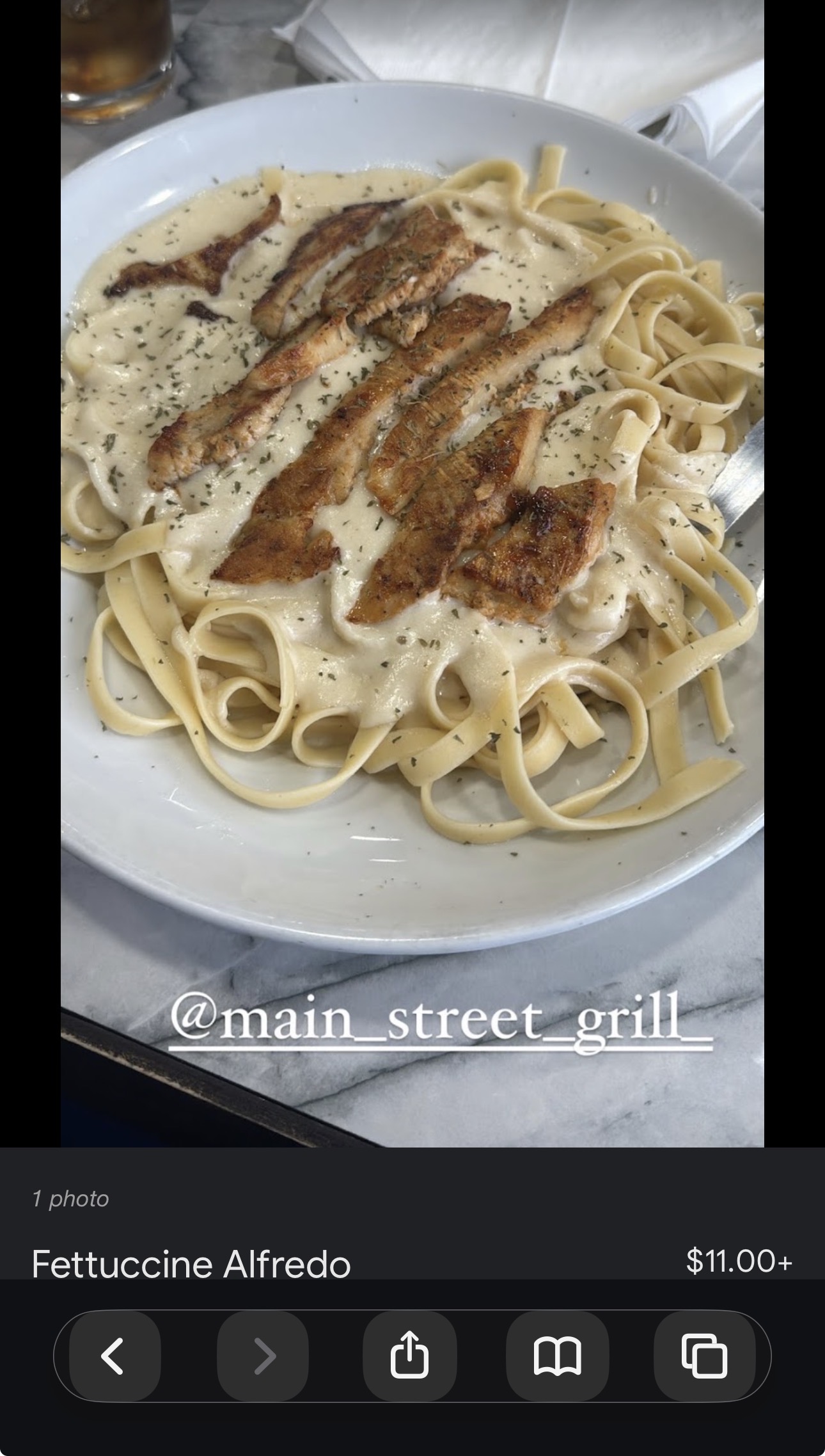 Grilled chicken fettuccine Alfredo at Main St Grill